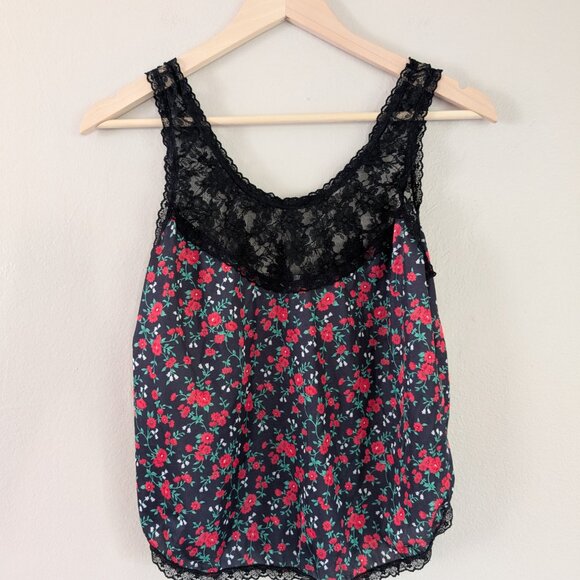 Y2K Lace Tank Top Black with Red Rose Print Romantic Floral Tank Lace Hem Size M - Picture 7 of 9